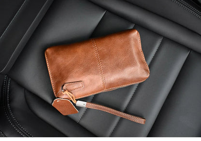 Genuine Leather Long Clutch Wallet With Wrist Strap