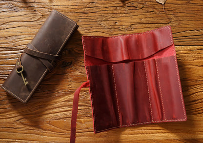 Handmade Retro Style Leather Pen Roll Organizer