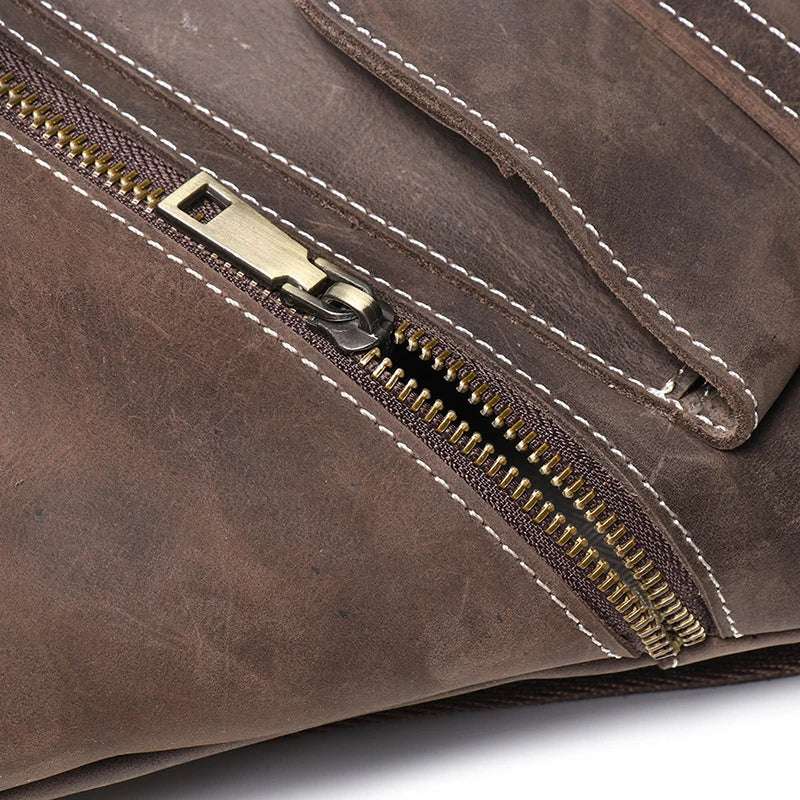Close-up view of a vintage leather backpack zipper showcasing craftsmanship.
