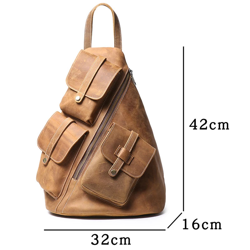 Men's brown leather backpack featuring multiple exterior pockets and spacious main compartment, with dimensions.