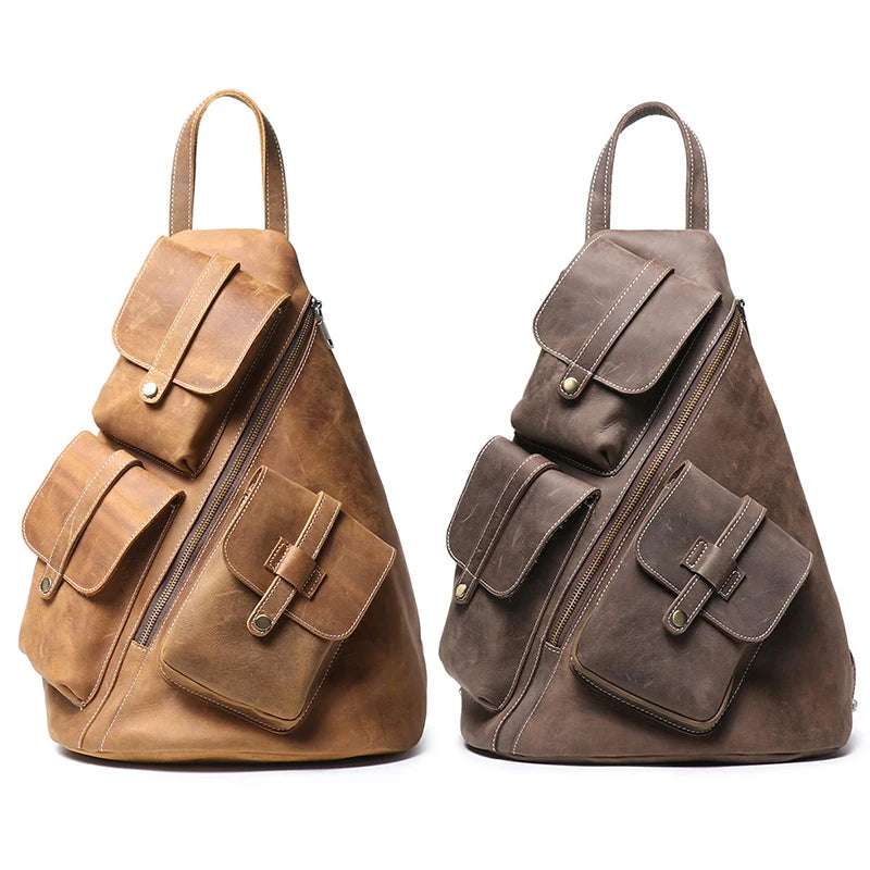 Men's leather backpacks in light & dark brown variants, with multiple pockets, top handle & vintage look – front view