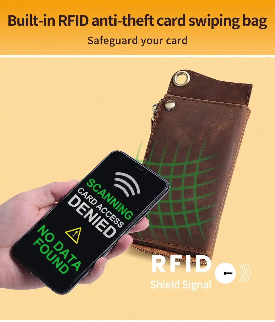 brown leather wallet with RFID card theft protection, showing a cell phone indicating access denied to the card.