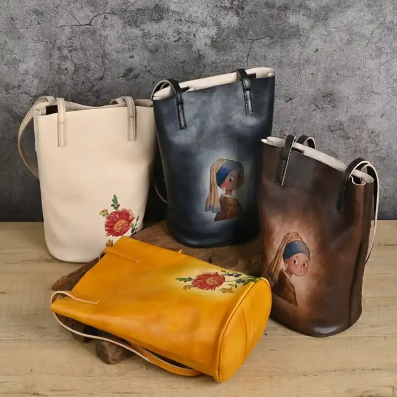 Elegant leather tote bag set with artistic flower prints and a famous feminine painting, perfect for fashion and style.