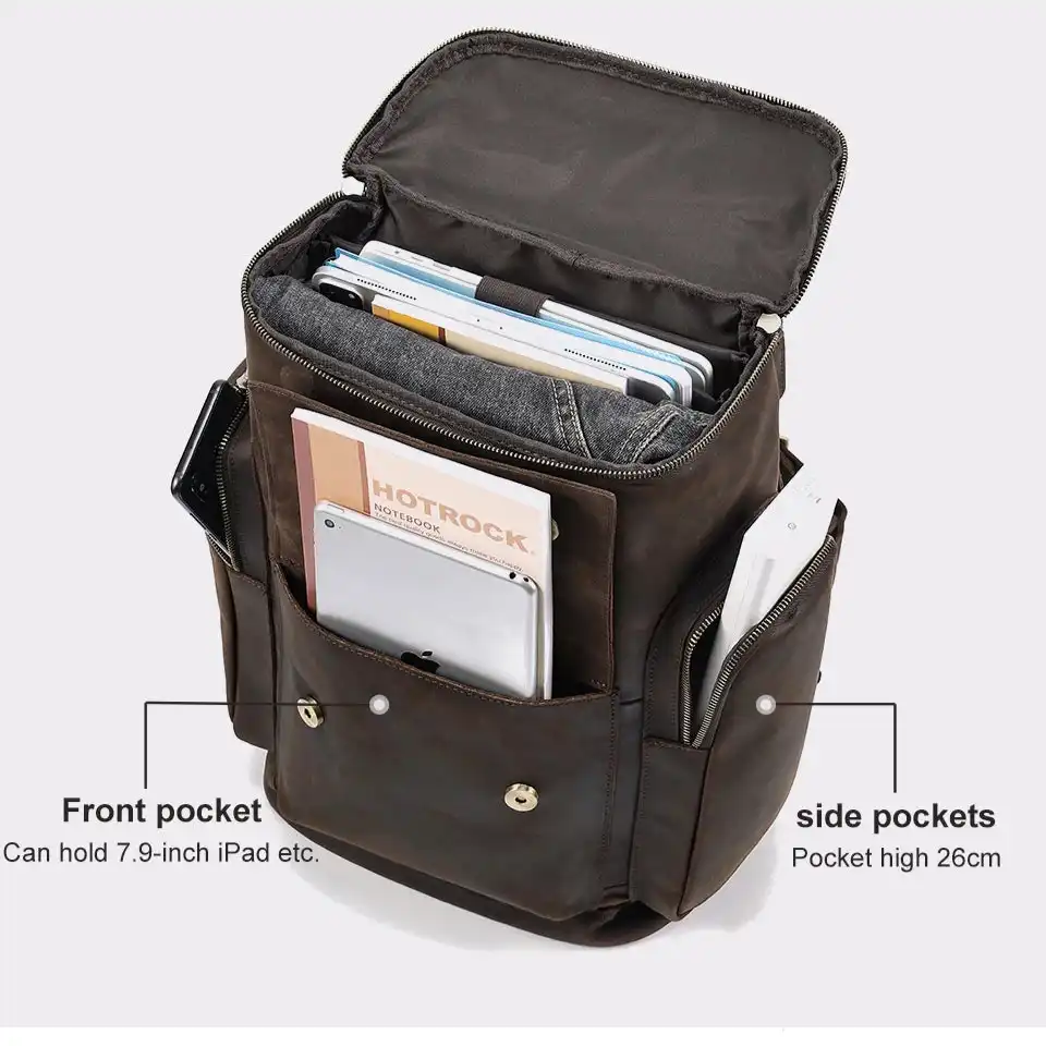 Stylish leather backpack with open zipper showing organized compartments for notebooks and tablets.