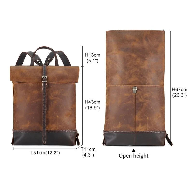 Brown leather backpack with detailed dimensions: 31cm wide x 43cm high x 11cm deep.