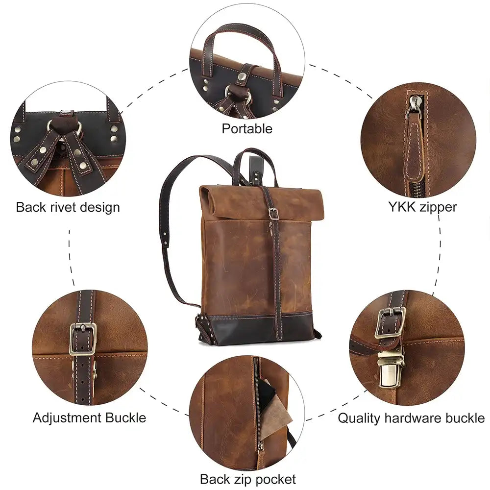 Leather backpack with retro design, features YKK zipper closure, quality buckle, functional pockets and other details.