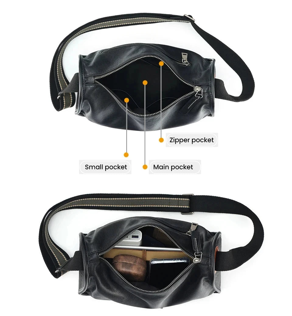 An open black leather bag showing multiple compartments, including a main pocket, small pocket and zippered pocket.