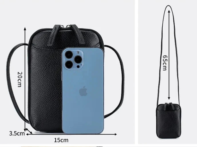 Stylish black leather crossbody bag with dimensions and an iPhone for size reference.