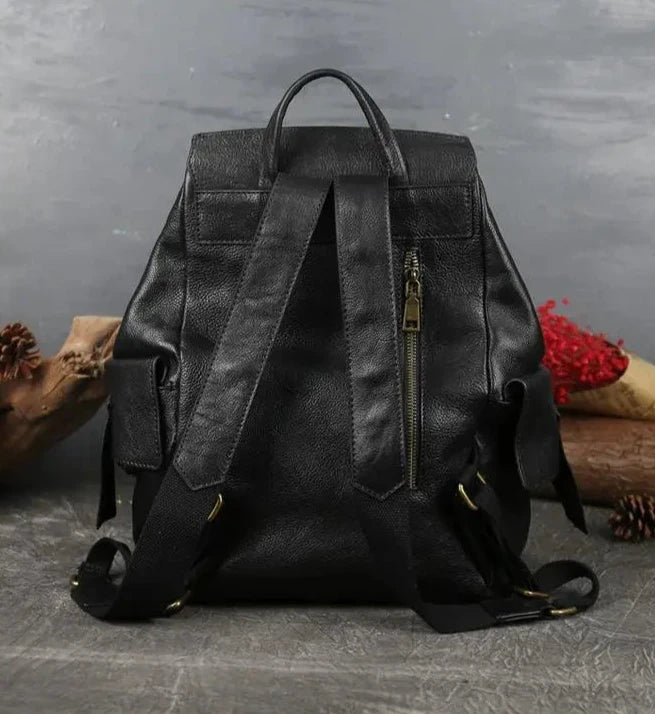 black leather backpack with adjustable straps and back zipper pocket, back view.