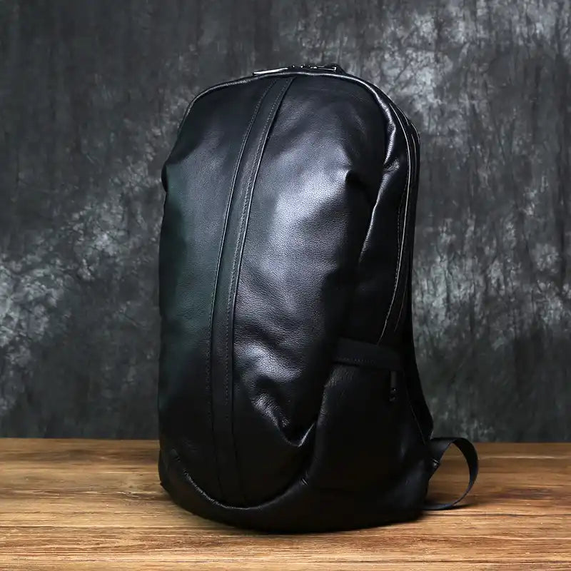 Black leather backpack with an elegant design, front view display