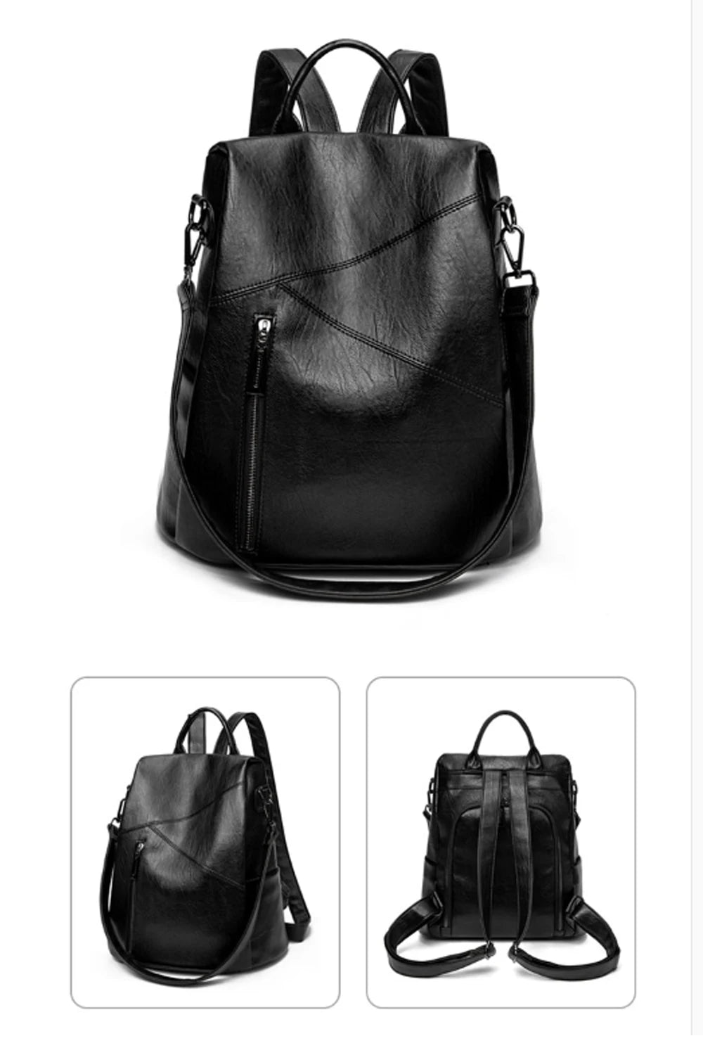 Stylish black leather backpack with multiple angles showcasing its unique design.