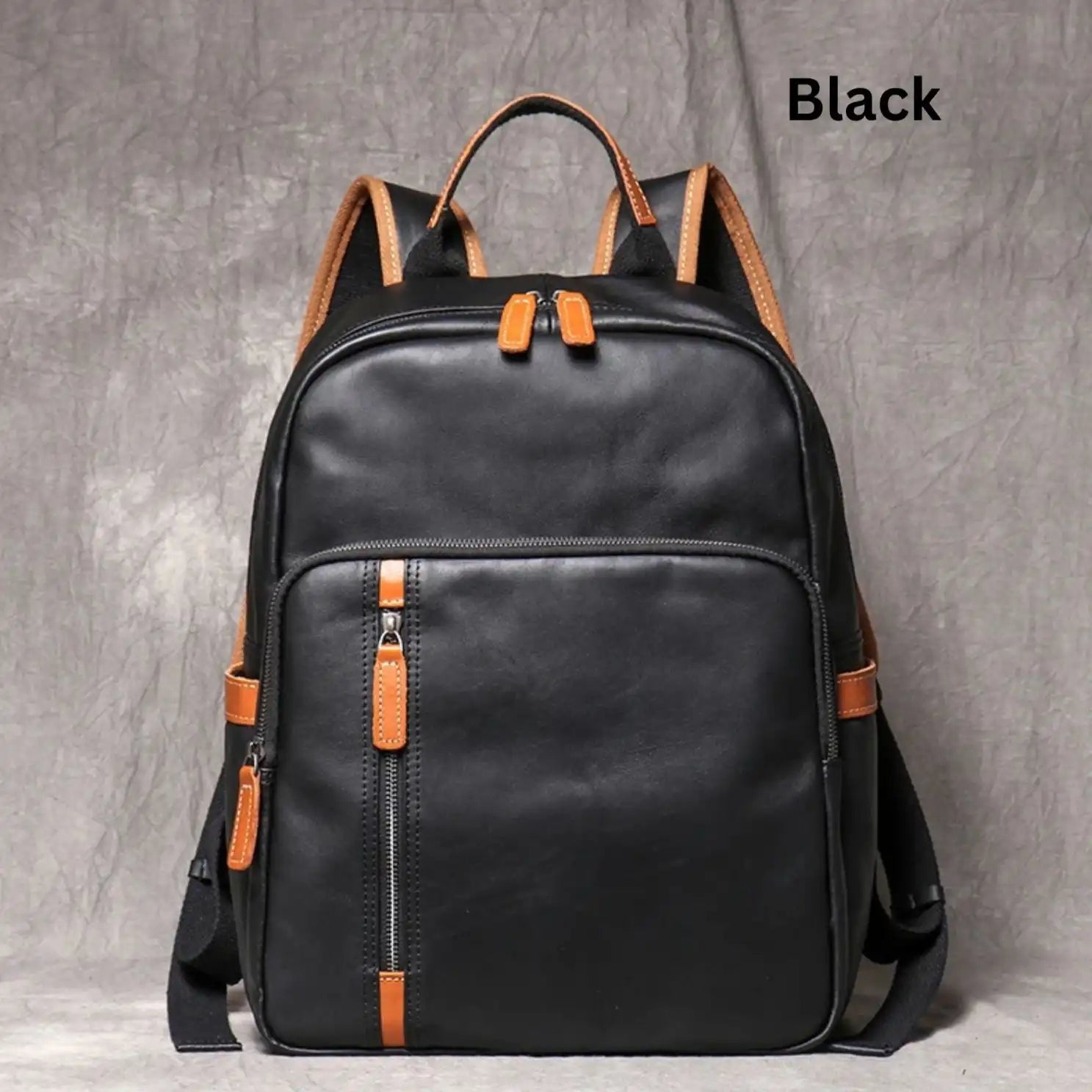 Black leather backpack, with an elegant finish and practical front compartments.