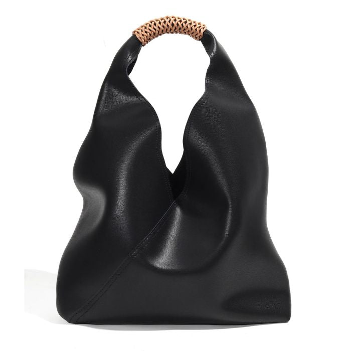 Black color leather bag with unique design and braided handle, front view.