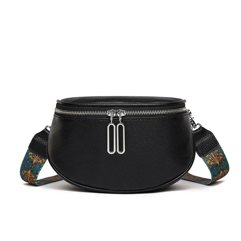 black leather shoulder bag with colored patterned strap - front view.