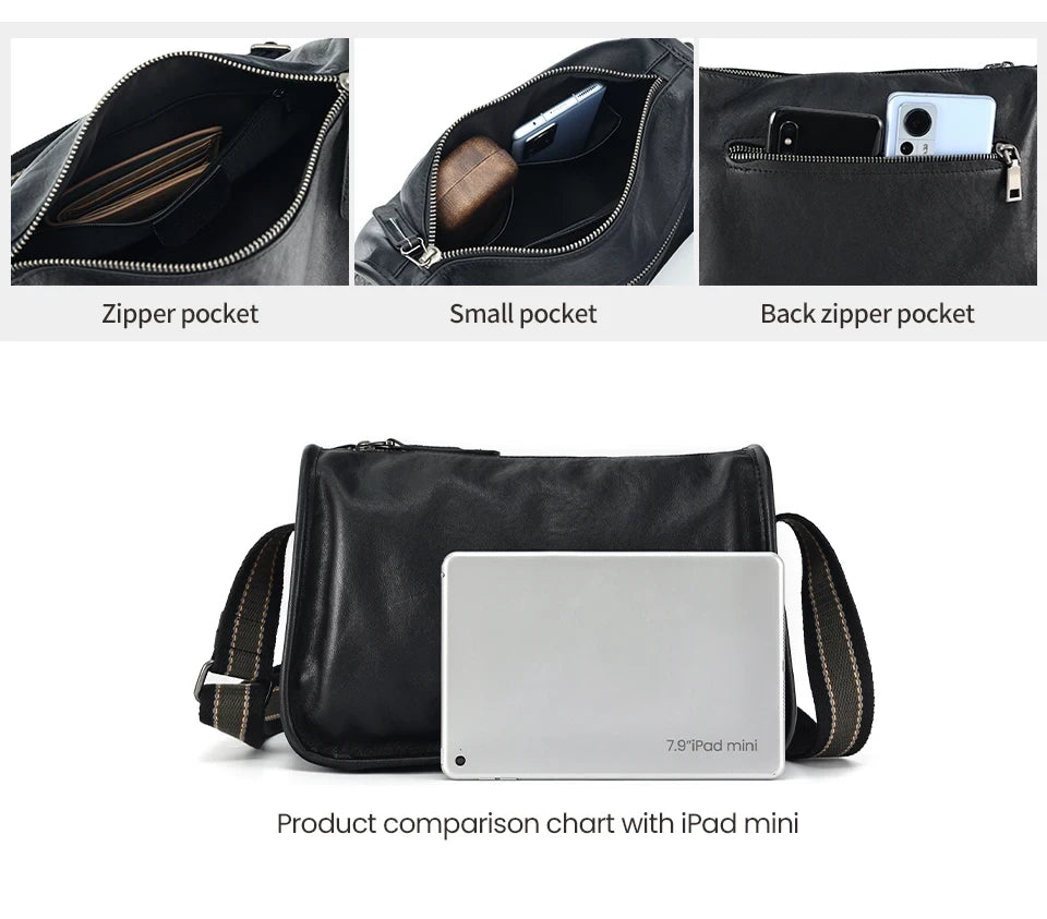 A black leather bag features zippered pockets, and a back pocket, with an iPad mini next to it for size comparison.