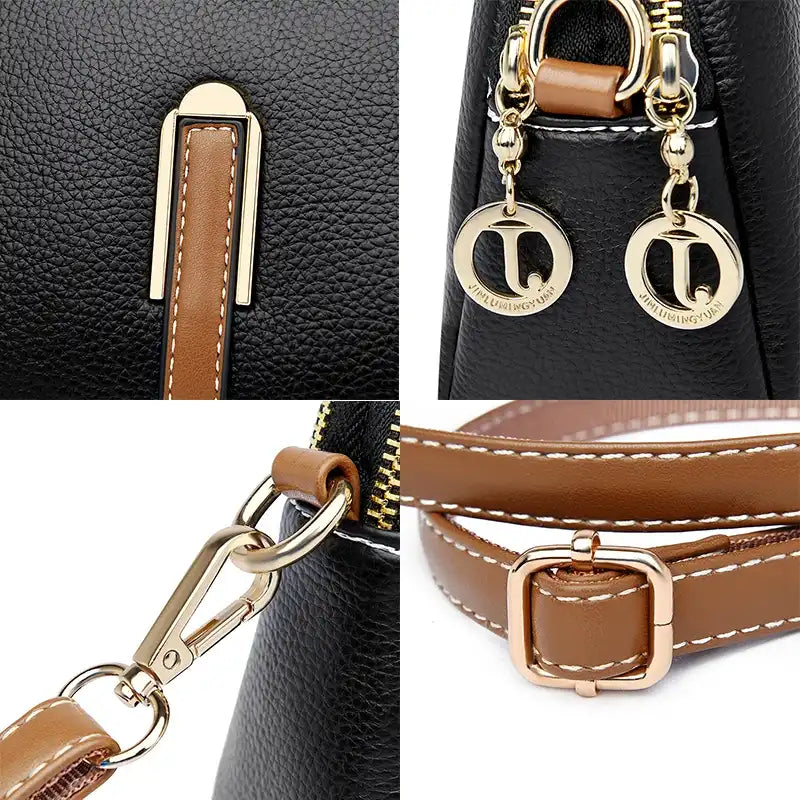 Close-up of the strap and clasp of a stylish handbag.