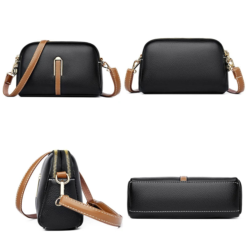 multiple views of a black leather crossbody bag with adjustable strap and gold accents.
