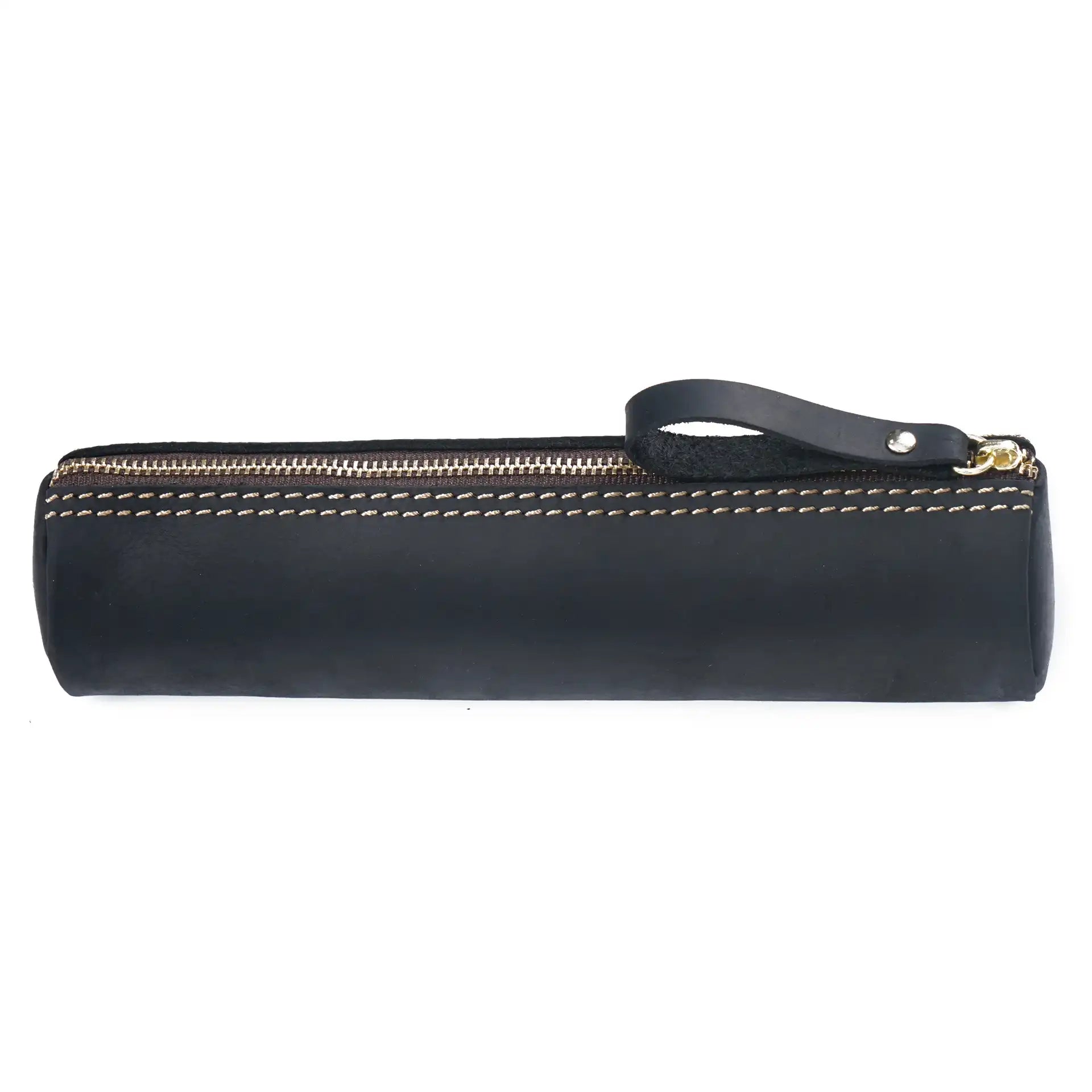 Black leather pencil case with zipper, leather handle and fine stitching details, front view.