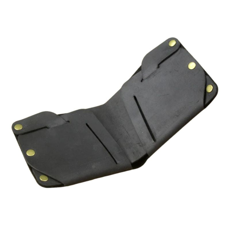 Open black leather wallet with an elegant design, showing inner compartments and slots, front view.