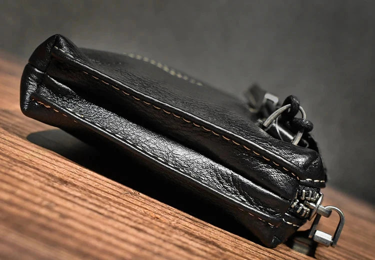 Flat view of a black leather wallet showcasing its craftsmanship.