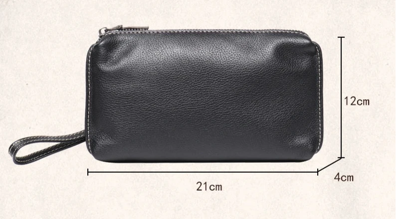 sleek black leather wallet with dimensions 21cm x 12cm x 4cm - front view..