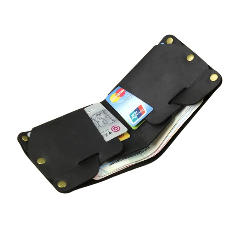 Open black leather wallet with an elegant design, with cards and cash.