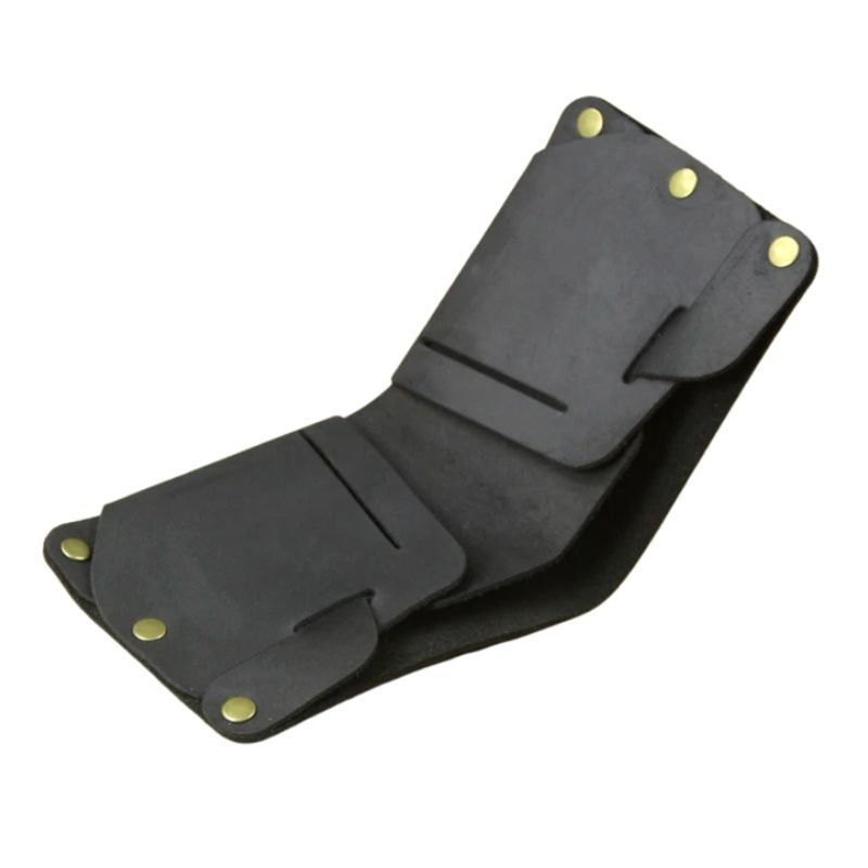 Open black leather wallet with an elegant design, showing inner compartments and slots, back view.