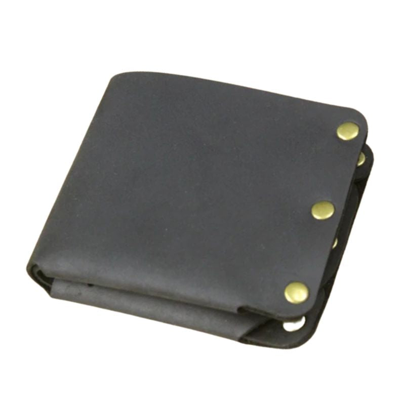 Black leather wallet with metal details, front view. 