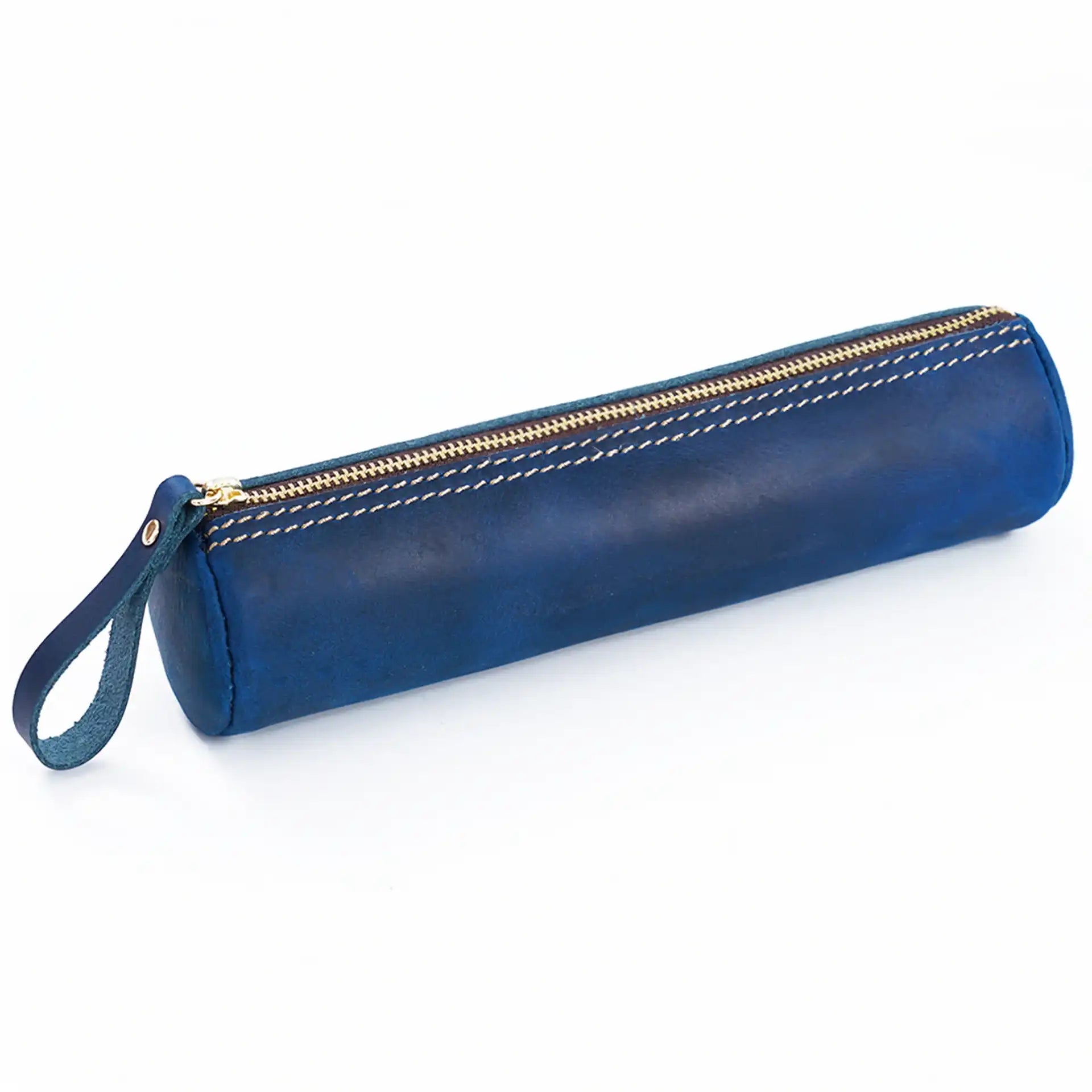 Blue leather pencil case with zipper, leather handle and fine stitching details, front view.
