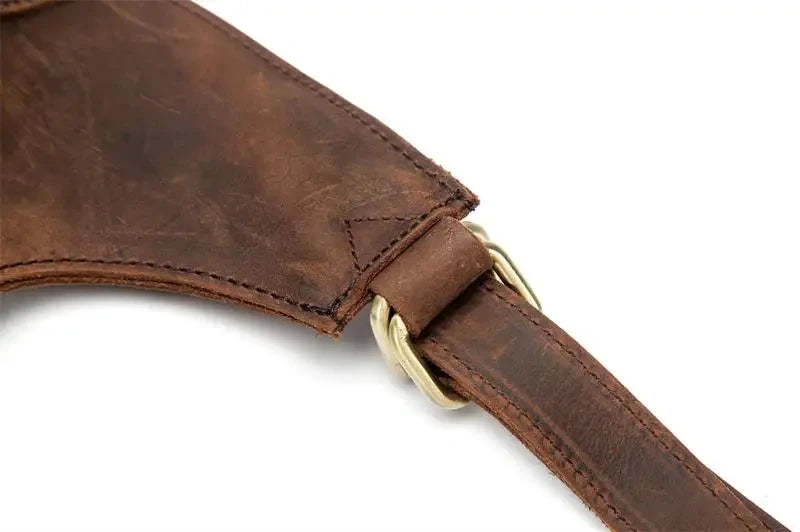 Detail of a brown leather strap with metal buckle, highlighting the texture and stitching.