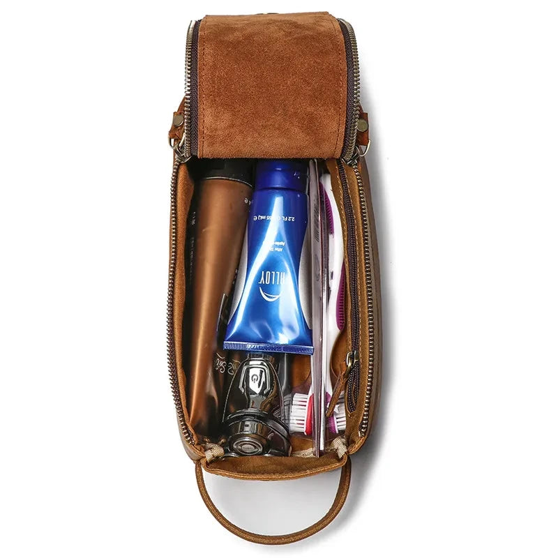 A stylish opened toiletry bag showcasing various personal care products.