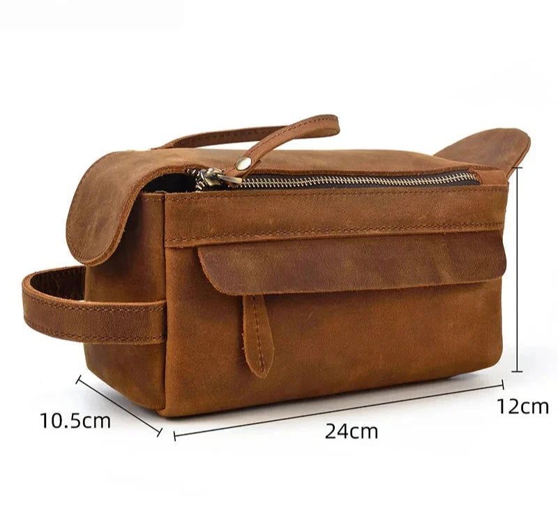 brown leather makeup bag, measuring 24x12x10.5 cm, perfect for storing cosmetics and personal items. 
