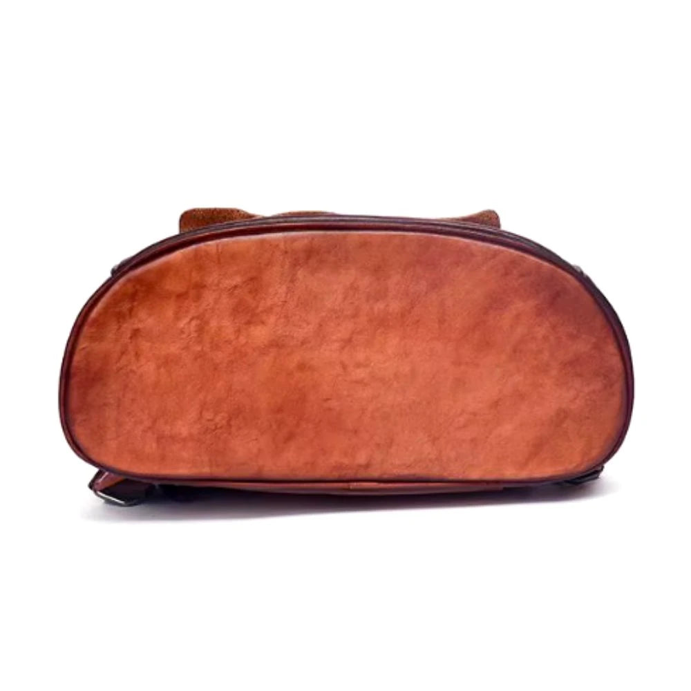 bottom view of a brown leather bag with an elegant design and smooth finish.