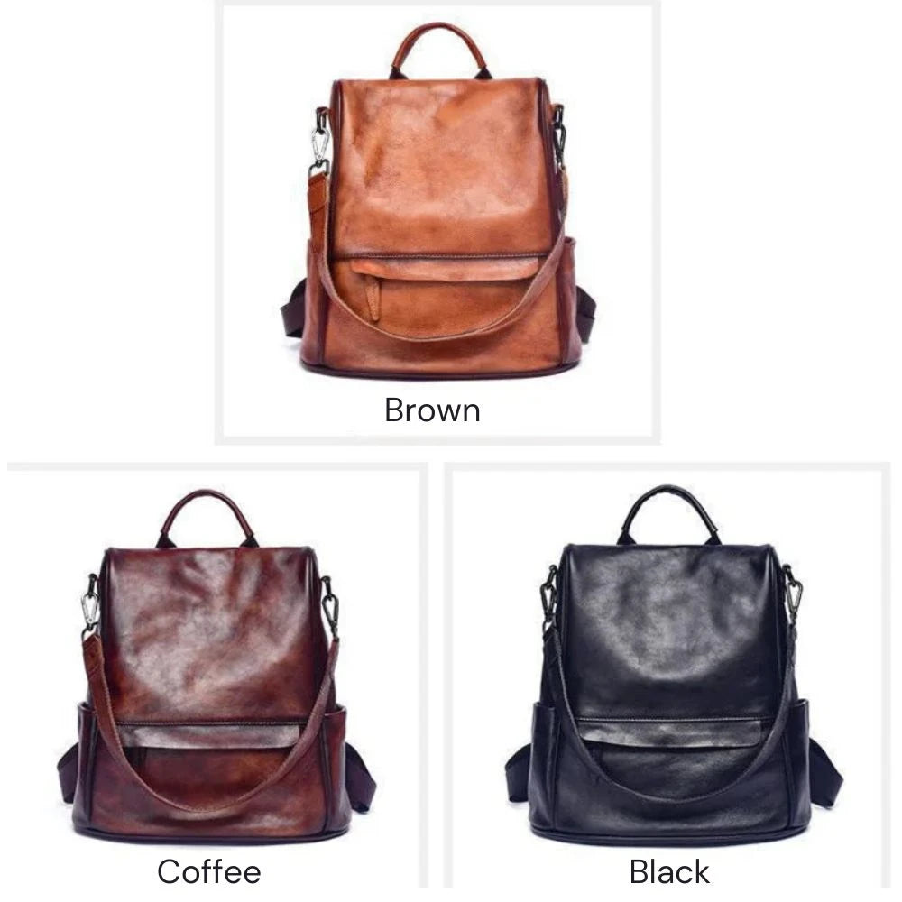 Three leather backpacks displayed in different colors: brown, coffee and black. 