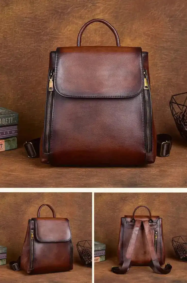 multiple views of brown leather backpack with an elegant design, highlighting zippers and adjustable straps.
