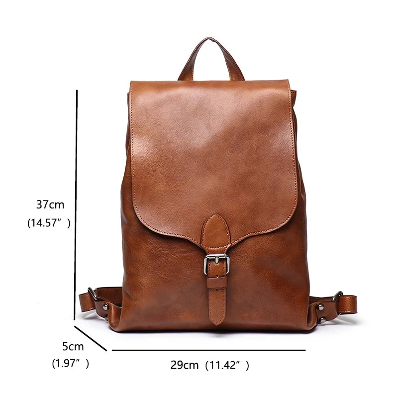 vintage brown leather backpack with dimensions 37cm x 29cm x 5cm.