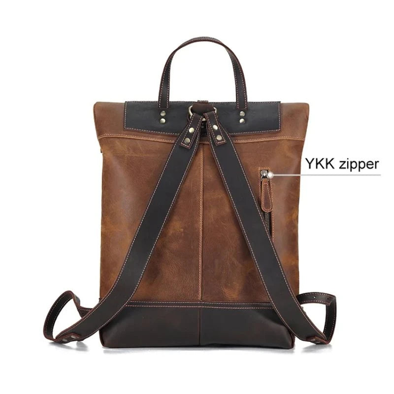 Stylish and durable brown leather backpack with adjustable straps, soft handle and elegant buckle, back view.
