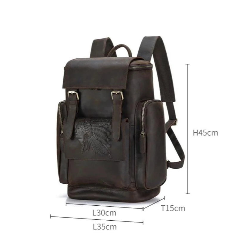 modern brown leather backpack featuring embossed details of an Indian head and dimensions - front view