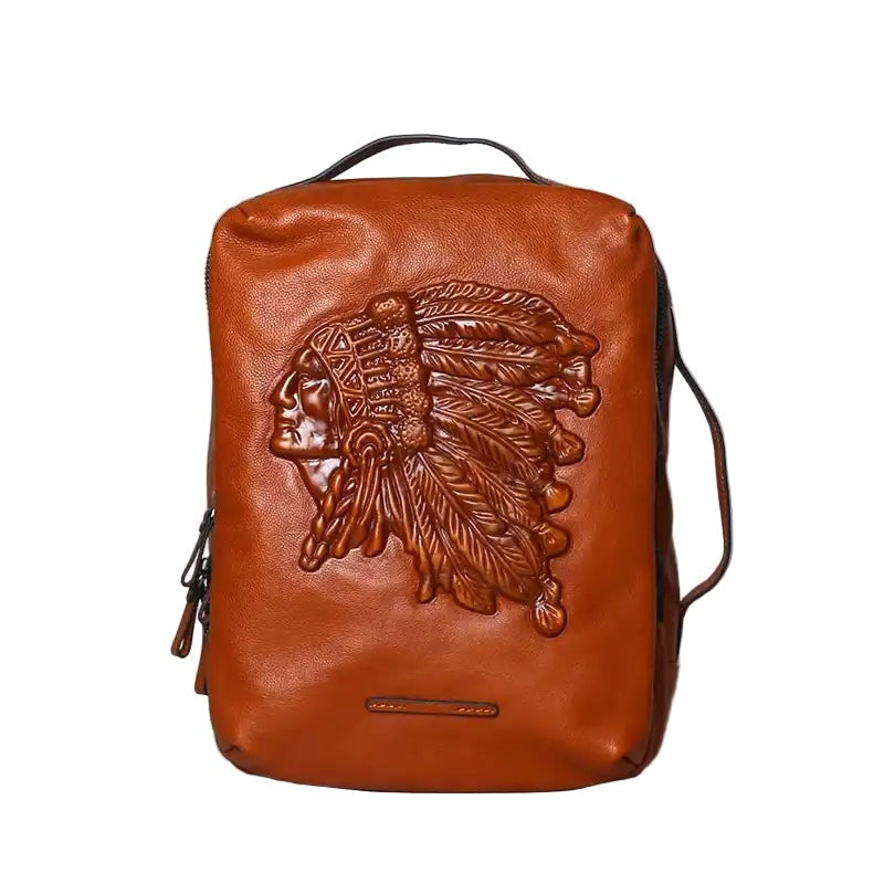 Brown leather backpack with embossed design on a white background, front view.