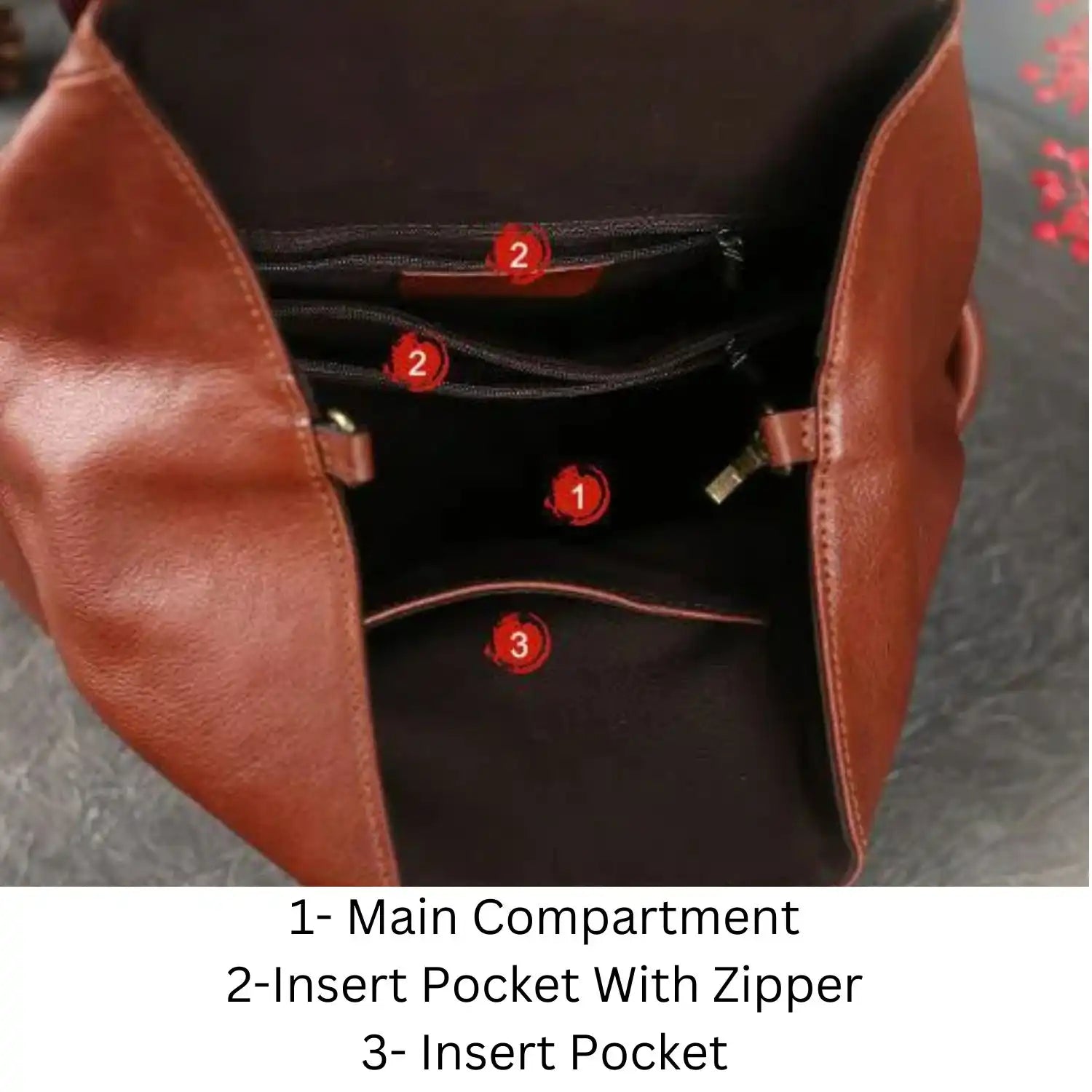 interior view of a leather bag with   main compartment, zippered pocket and interior pocket.