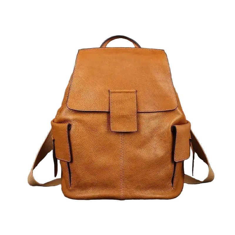 Brown Retro leather backpack on a white background, front view
