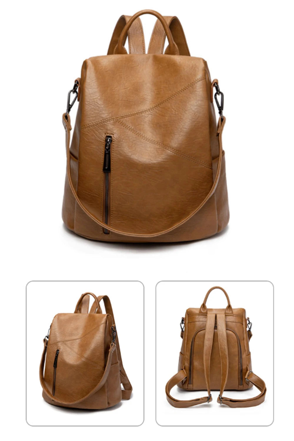 Stylish brown leather backpack with multiple angles showcasing its unique design.