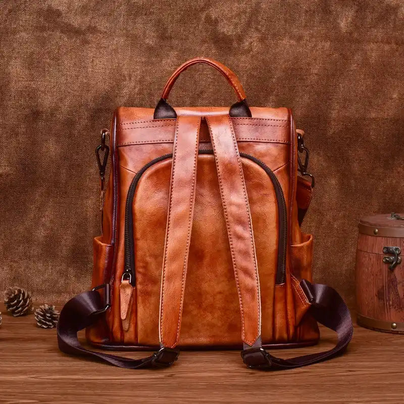 Vintage-inspired brown leather backpack with durable back straps  and soft handle, back view.
