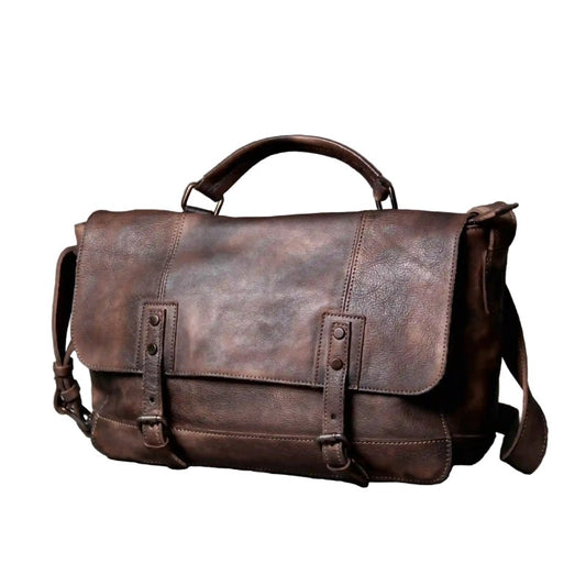CoffeeBrown leather satchel bag on a white background, front view.