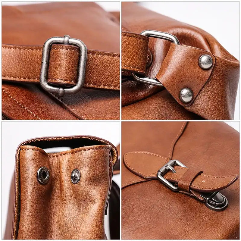 Detailed image of a brown leather bag, showing buckles, buttons and high quality finish.