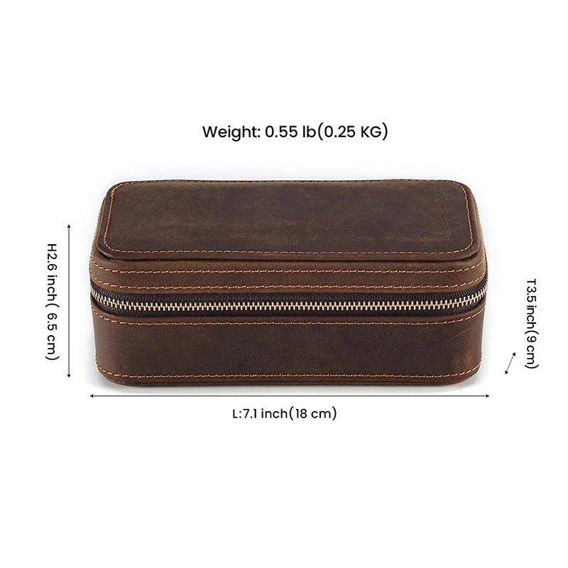 Brown leather watch case with stitching and zipper details, measuring 18 cm long, 9 cm wide and 6.5 cm high.