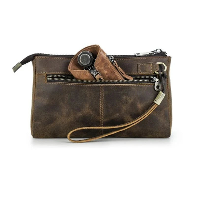 Brown leather clutch with zippers, showing an elegant and functional design, back view.