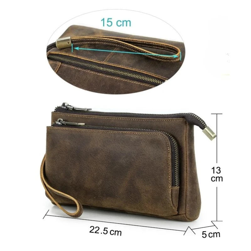 Brown leather clutch with zippers, measuring 22.5cm wide, 13cm high, 5cm deep.