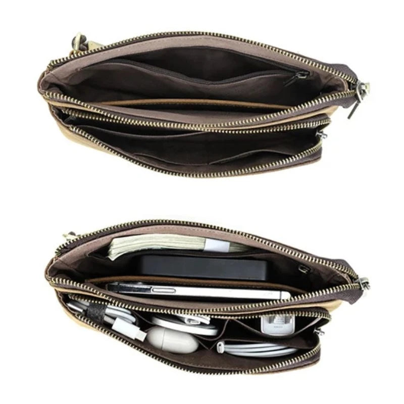 Interior view of a brown leather clutch showing compartments and interior pockets, top view.