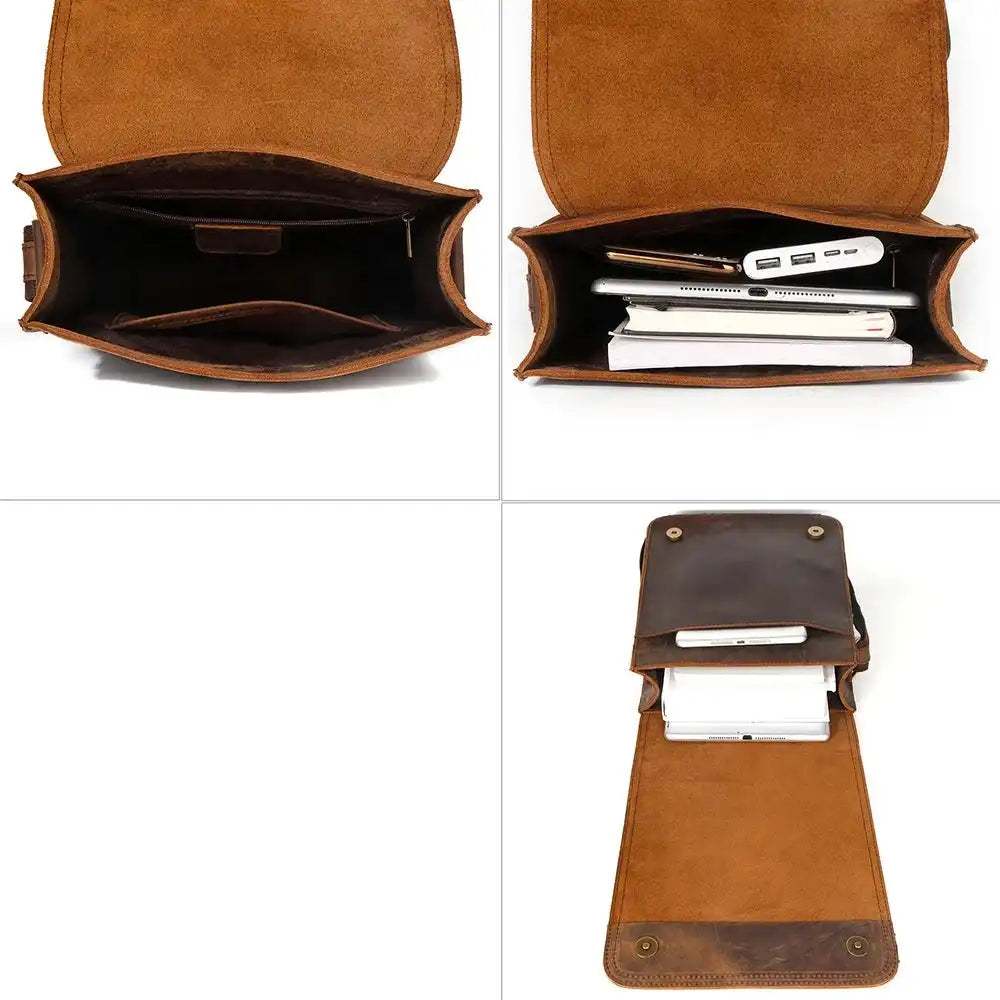 interior view of leather bag with organized spaces to store electronic devices and other personal items.